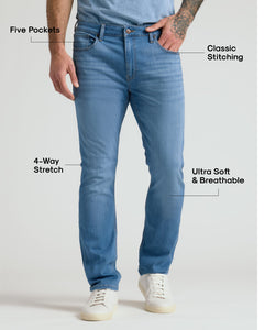 True ClassicMan wearing Medium Indigo Wash Straight Comfort Stretch Jeans with sneakers.