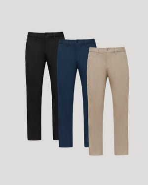 Core Straight Chino Pants 3-Pack featuring button-zip front and side pockets.