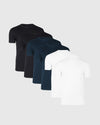 Five-pack of crew neck t-shirts in black, navy blue, and white colors.