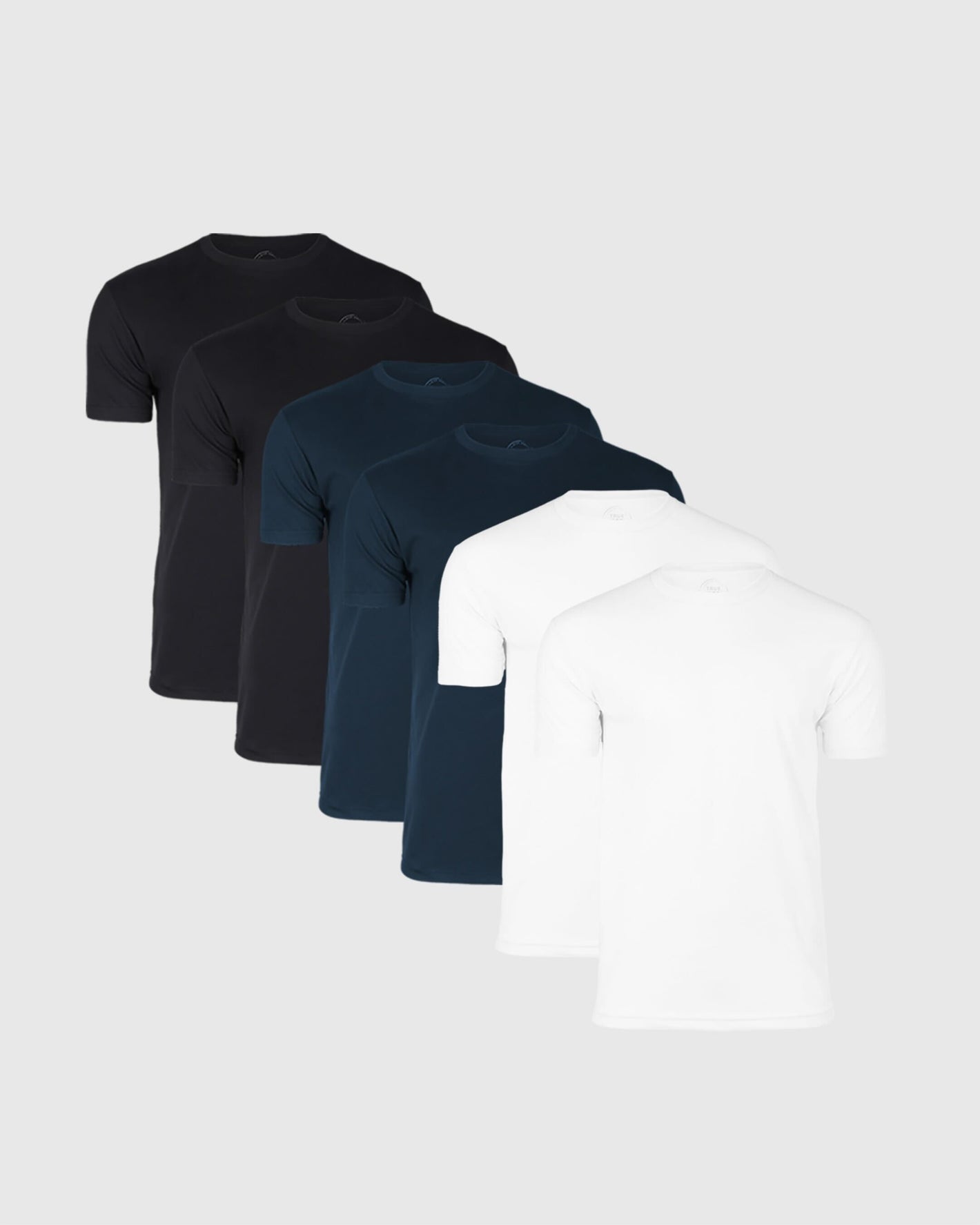 Five-pack of crew neck t-shirts in black, navy blue, and white colors.
