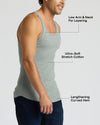 Gray tank top worn by a person on a white background with text highlighting features.