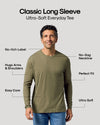 Male model in olive green tee showcasing Cyber Monday Classic Crew Flash Deal 9-Pack.