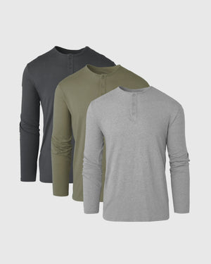 The Timeless Classic Long Sleeve Henley 3-Pack shirts displayed.