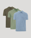Classic Polo 3-Pack with three short sleeve polos in olive green sage green and light blue for mens basics