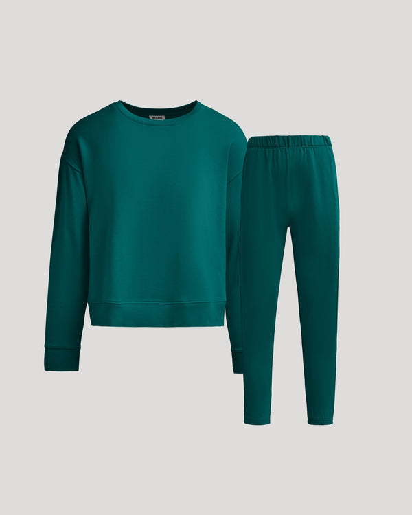 Womens Deep Emerald Slouch Pullover Crew & Relaxed Jogger set displayed.