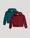Girls Deep Emerald & Dark Maroon Cropped Zip Hoodie 2-Pack, laid flat.