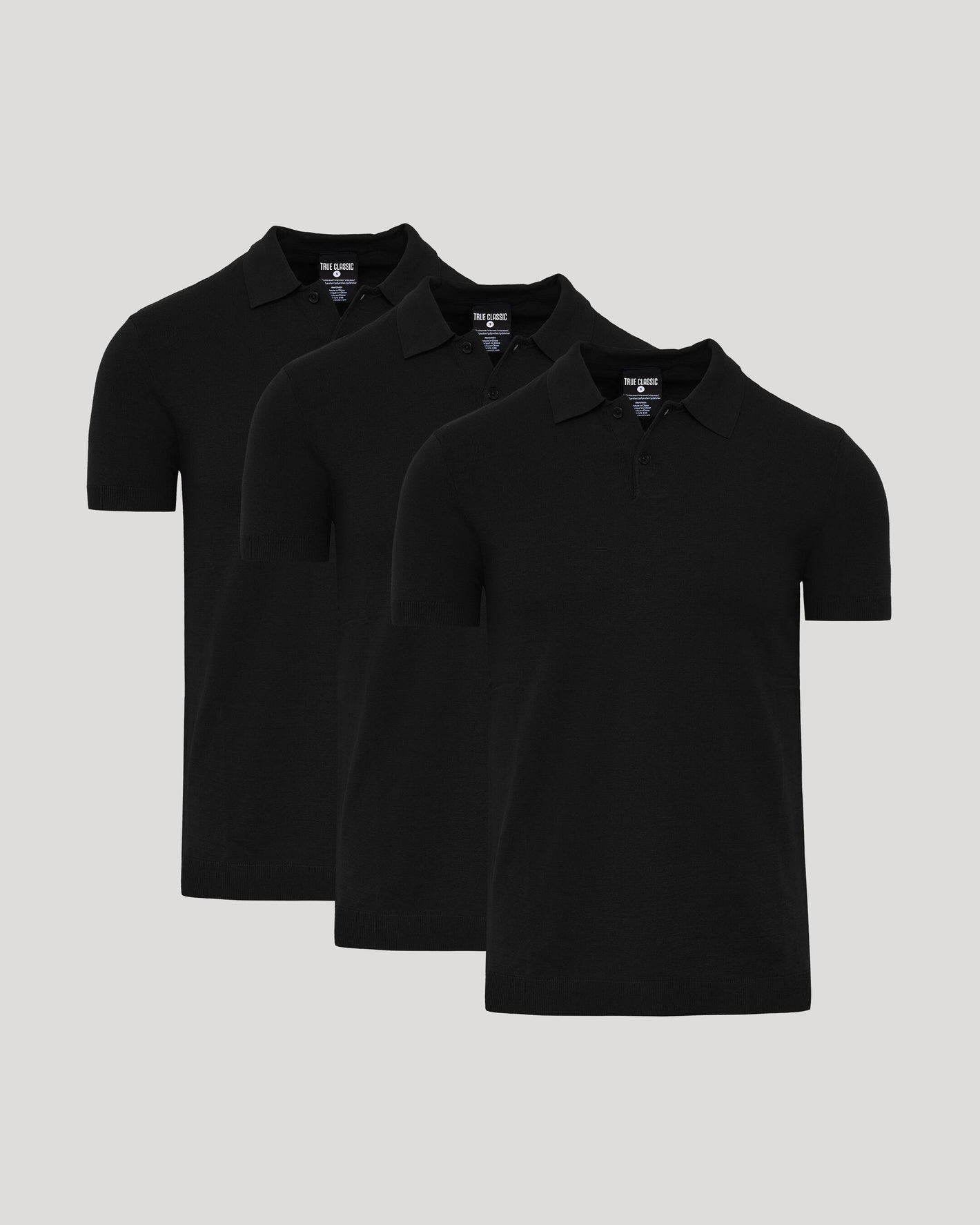 All Black Dressy Polo 3-Pack, staggered display, classic collar, short sleeves.