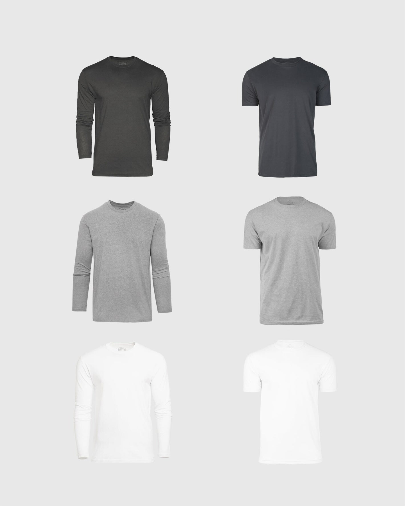 Earth Tones Variety 6-Pack: six crew-neck shirts, long and short sleeves.