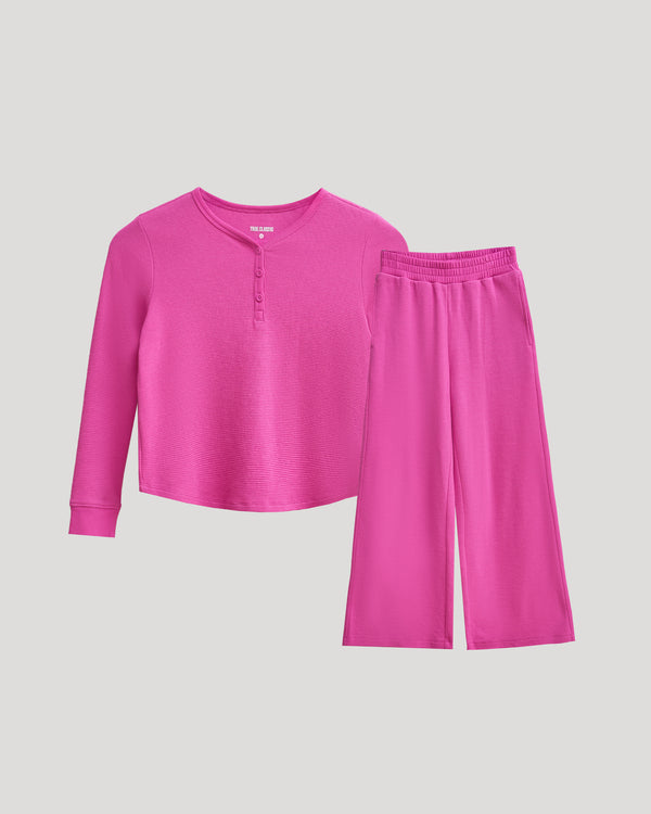 Girls Electric Fuchsia Waffle Long Sleeve Henley & Wide Leg Pants set.