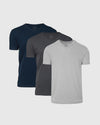 Essential V-Neck Tee 3-Pack showing light gray, charcoal, and navy shirts.