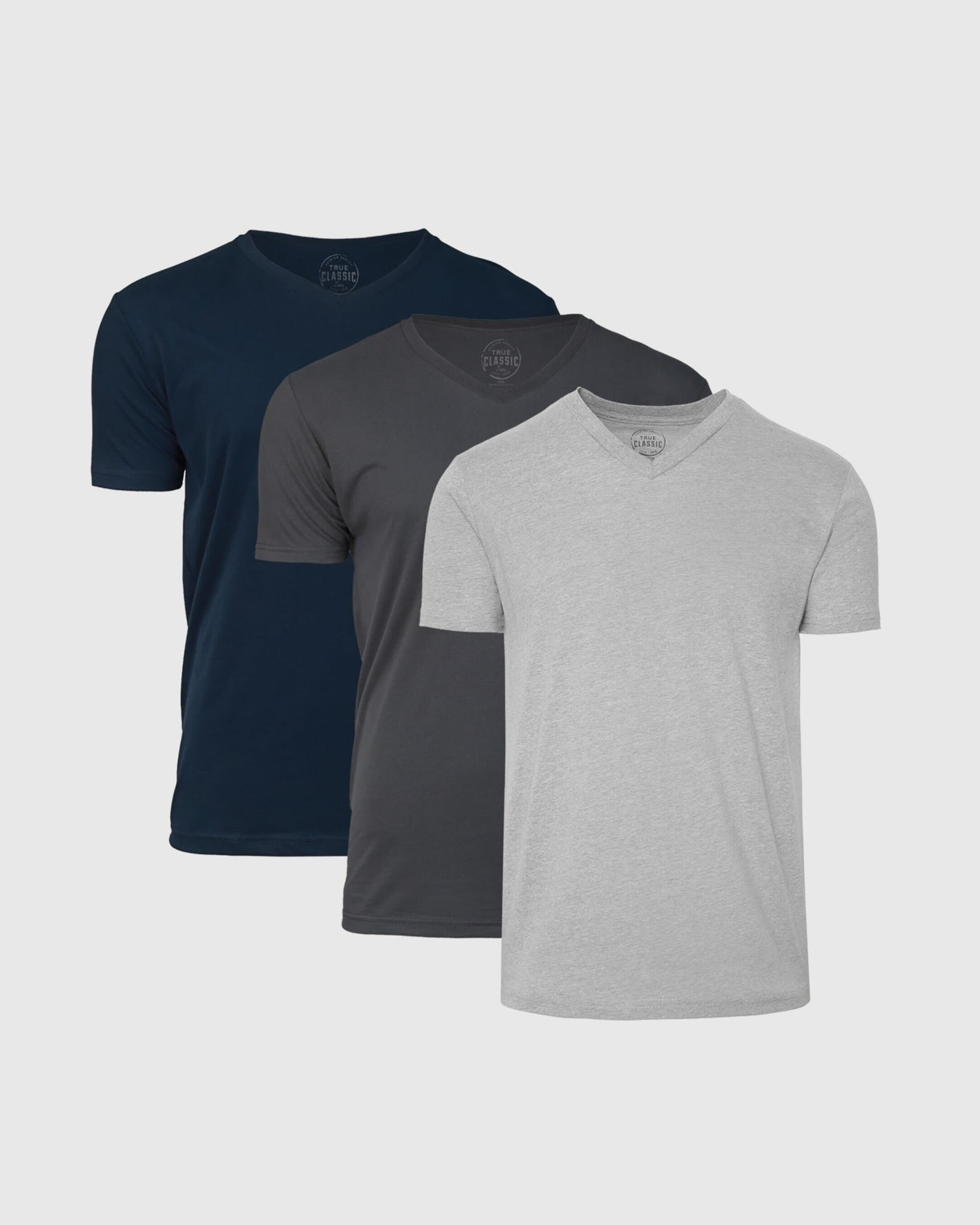 Essential V-Neck Tee 3-Pack showing light gray, charcoal, and navy shirts.