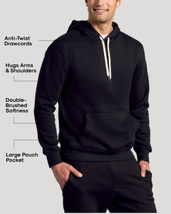 True ClassicBlack Fleece French Terry Pullover Hoodie showcasing key features on a model.