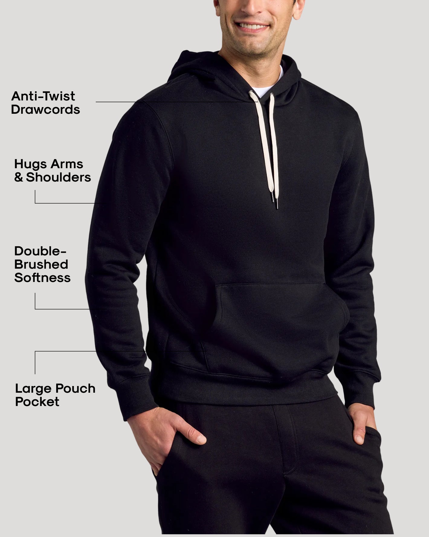 Black Fleece French Terry Pullover Hoodie showcasing key features on a model.