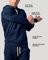 Navy Fleece French Terry Pullover Hoodie with pouch pocket and tailored fit.