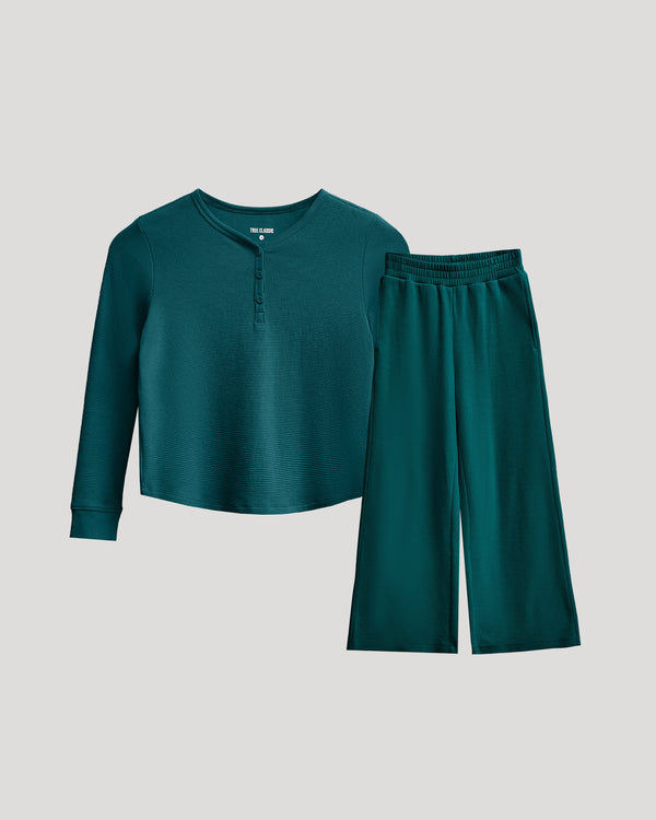 Girls Deep Emerald Waffle Long Sleeve Henley & Waffle Leg Pants Set