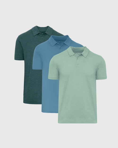 Glacial Short Sleeve Polo 3-Pack displayed in mint, teal, and forest green.