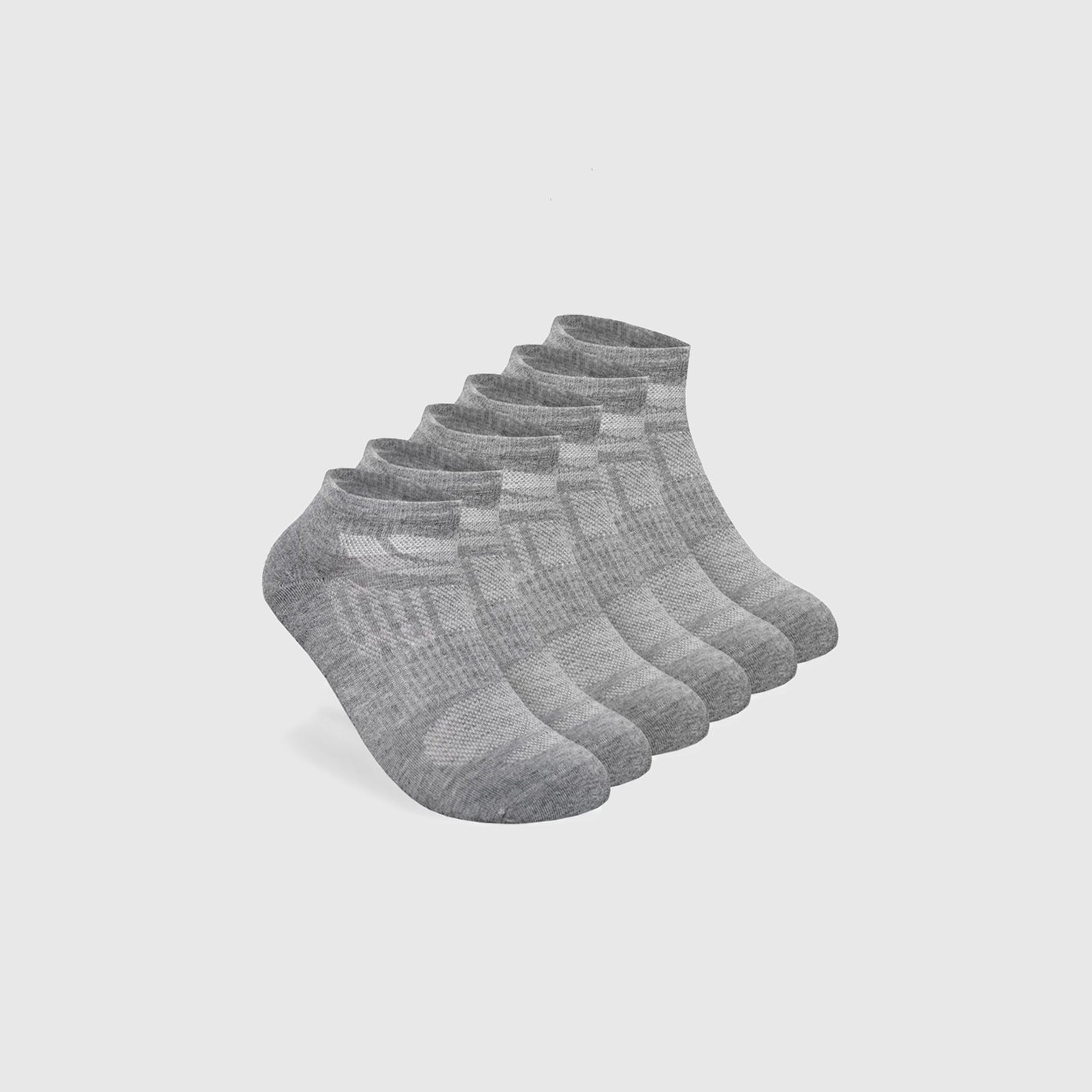 Heather Gray Ankle Socks 3-Pack, low-cut, fanned display.