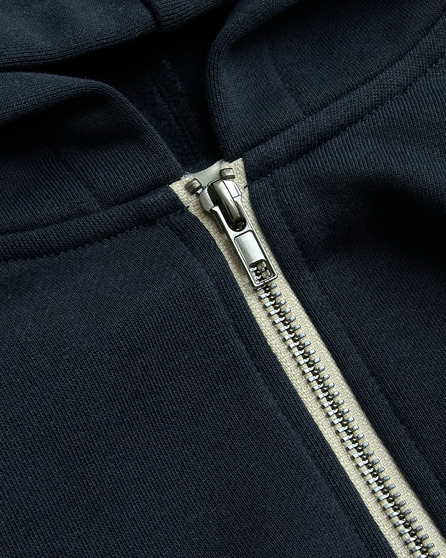 Boys' Navy Fleece Full Zip Hoodie showing metal zipper detail.