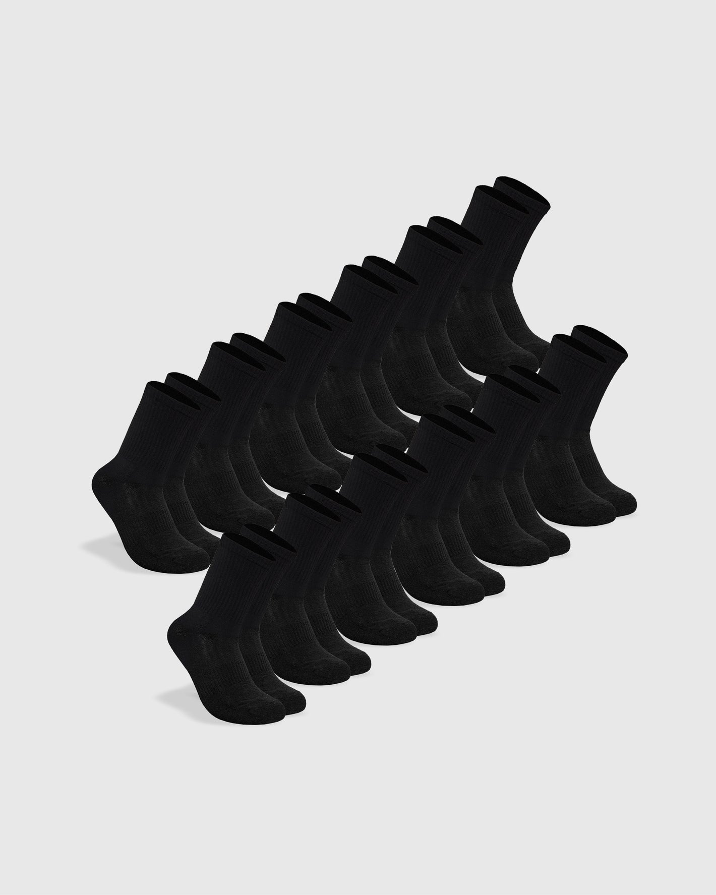 Black Half Crew Socks 12-Pack neatly displayed, showcasing seamless toe and contour seam.
