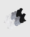 Combo Half Crew Socks 12-Pack neatly arranged in white, gray, and black.