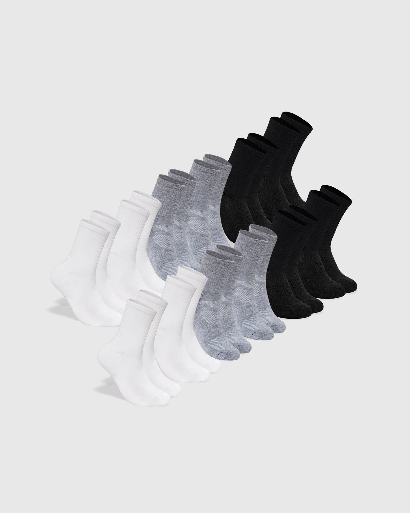 Combo Half Crew Socks 12-Pack neatly arranged in white, gray, and black.