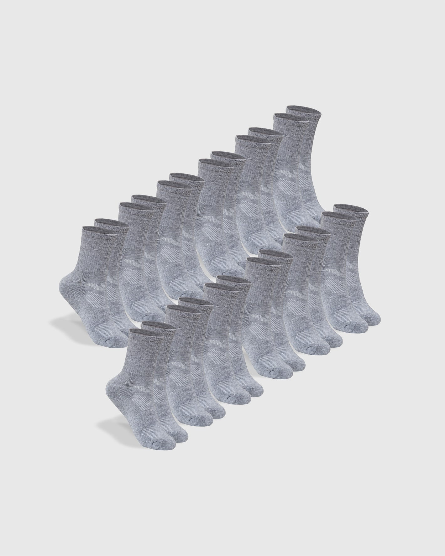 Heather Gray Half Crew Socks 12-Pack, staggered with reinforced toe and cushioned sole.