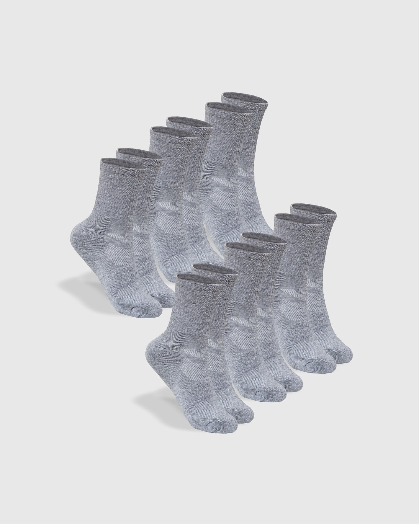 Heather Gray Half Crew Socks 6-Pack, cushioned, seamless, and supportive.