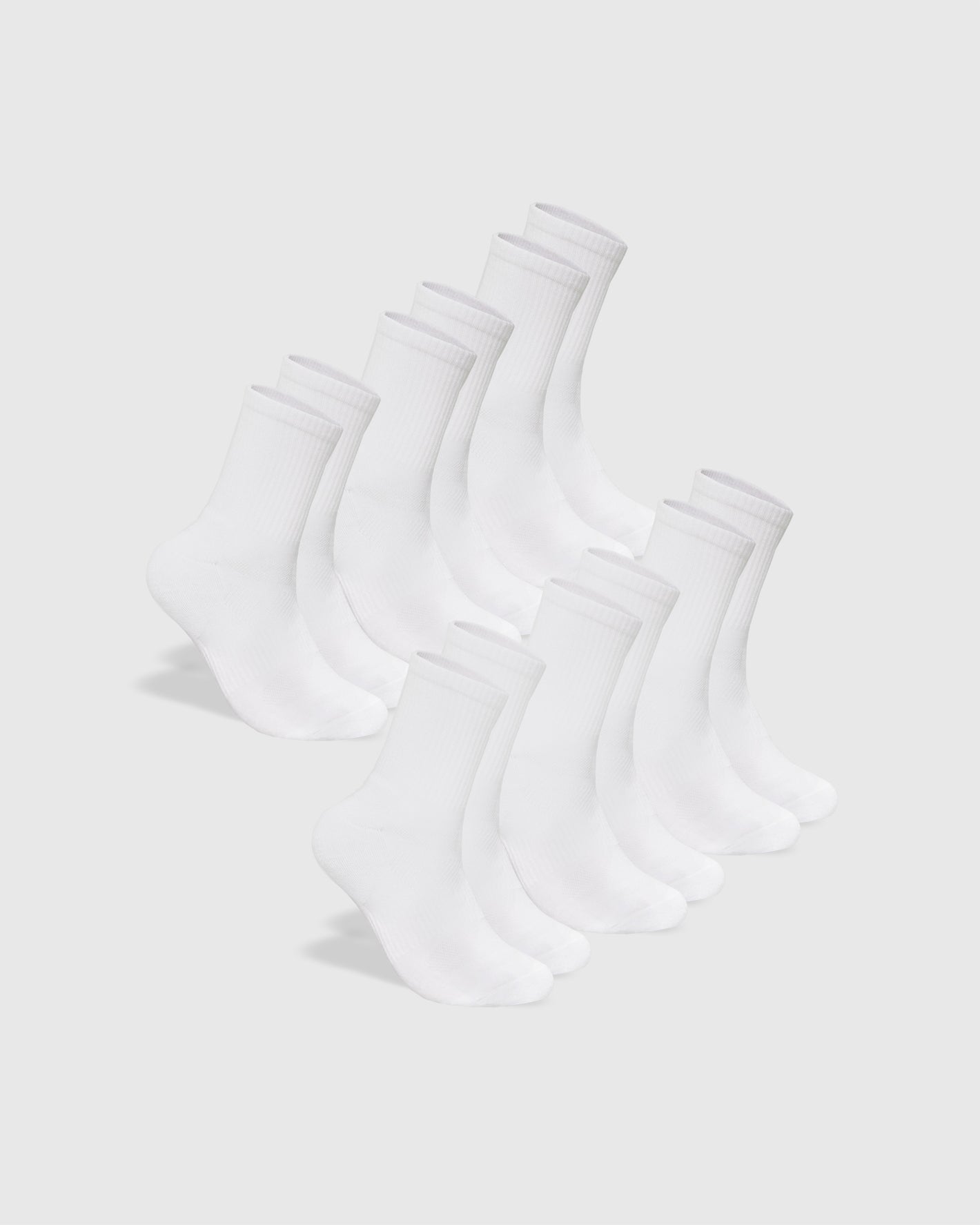 White Half Crew Socks 6-Pack, neatly arranged, showcasing seamless toe and contour seams.