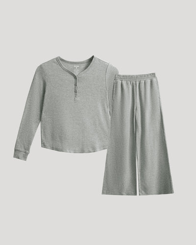 Heather Gray Waffle Long Sleeve Henley & Waffle Leg Pants Set