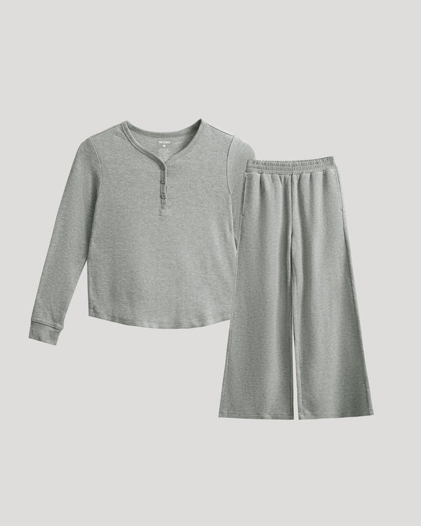 Girls Heather Gray Waffle Long Sleeve Henley & Waffle Leg Pants set, flat-laid.