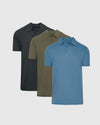Heather Polo 3-Pack featuring light-blue, olive-green, and charcoal-gray shirts.