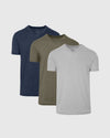 Heathers V-Neck Tee 3-Pack in Navy, Olive, and Gray.