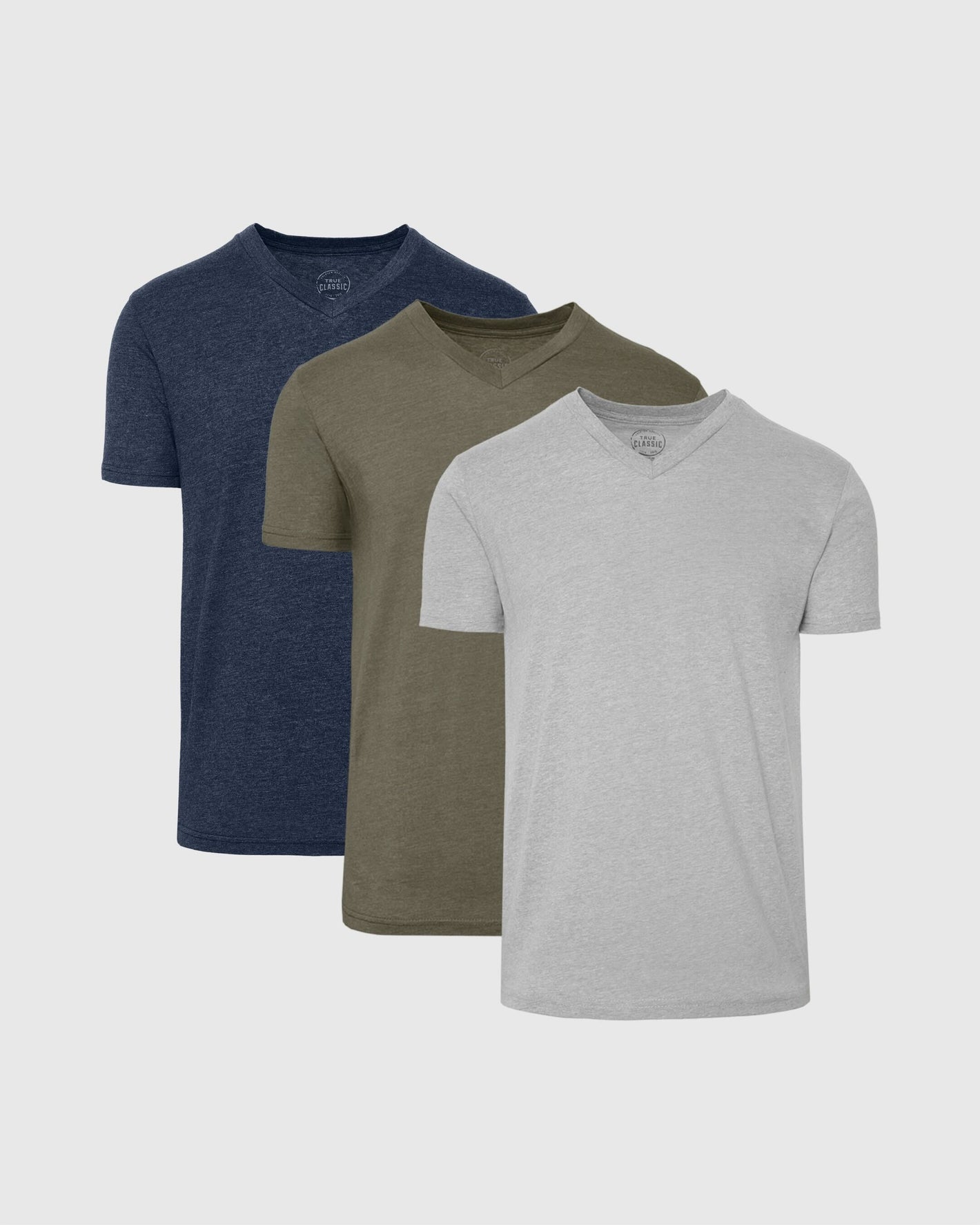 Heathers V-Neck Tee 3-Pack in Navy, Olive, and Gray.