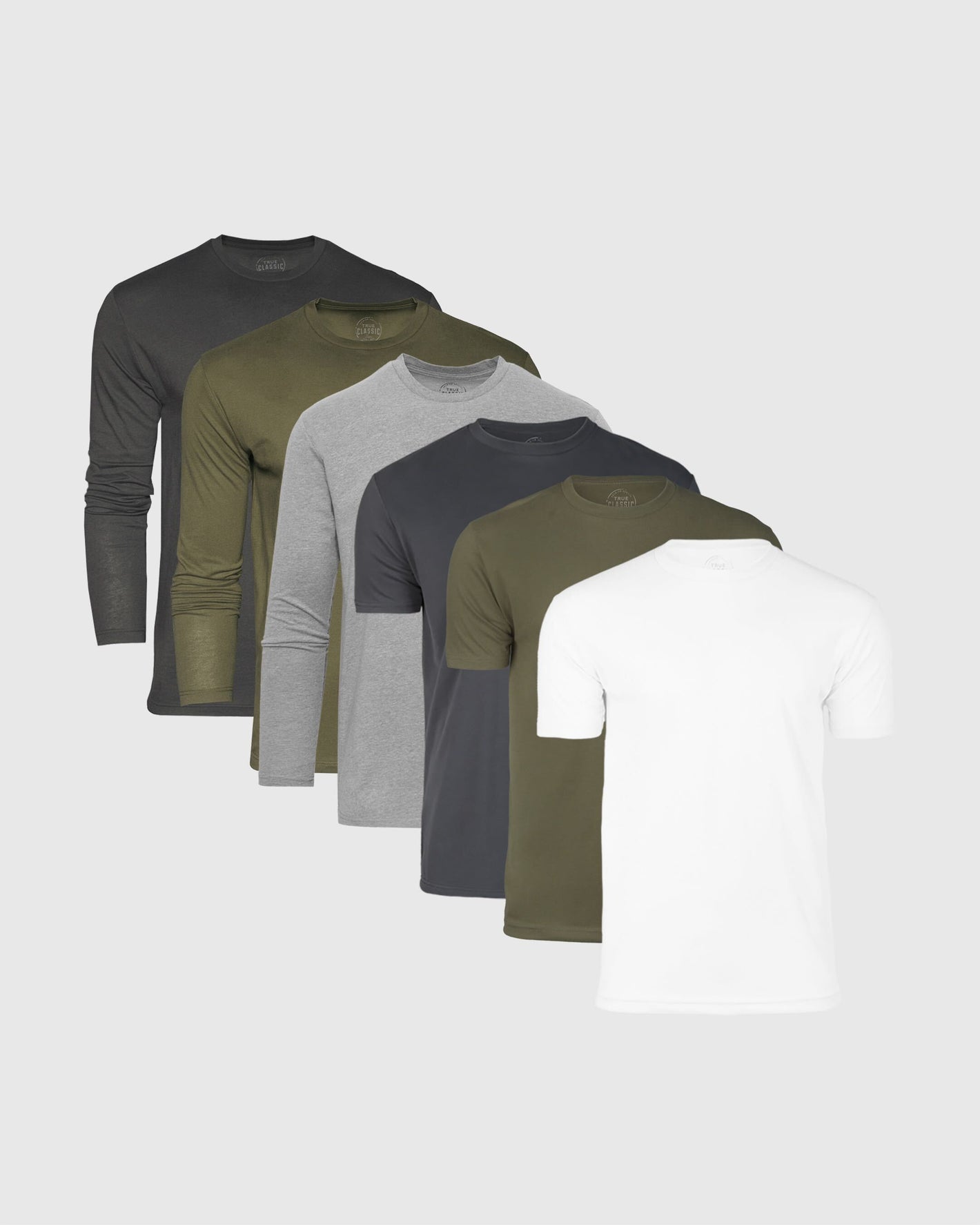 Holiday Core Variety 6-Pack of plain crew-neck T-shirts, short and long sleeves.