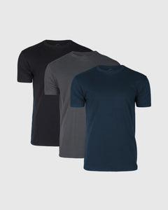 True ClassicStandard 3-Pack of crew-neck T-shirts in navy, gray, and black.