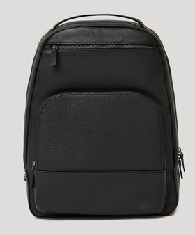 Premium Leather Backpack with pebbled texture, zippered compartments, and top handle.