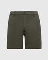7 Military Green Comfort Knit Chino Short, flat-front, mid-thigh, athletic slim fit.
