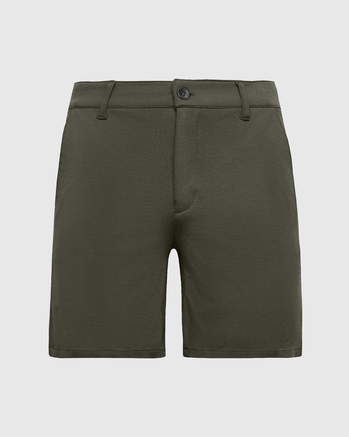 7 Military Green Comfort Knit Chino Short, flat-front, mid-thigh, athletic slim fit.