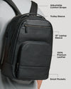 Premium Leather Backpack worn over shoulder, showcasing padded straps and trolley sleeve.