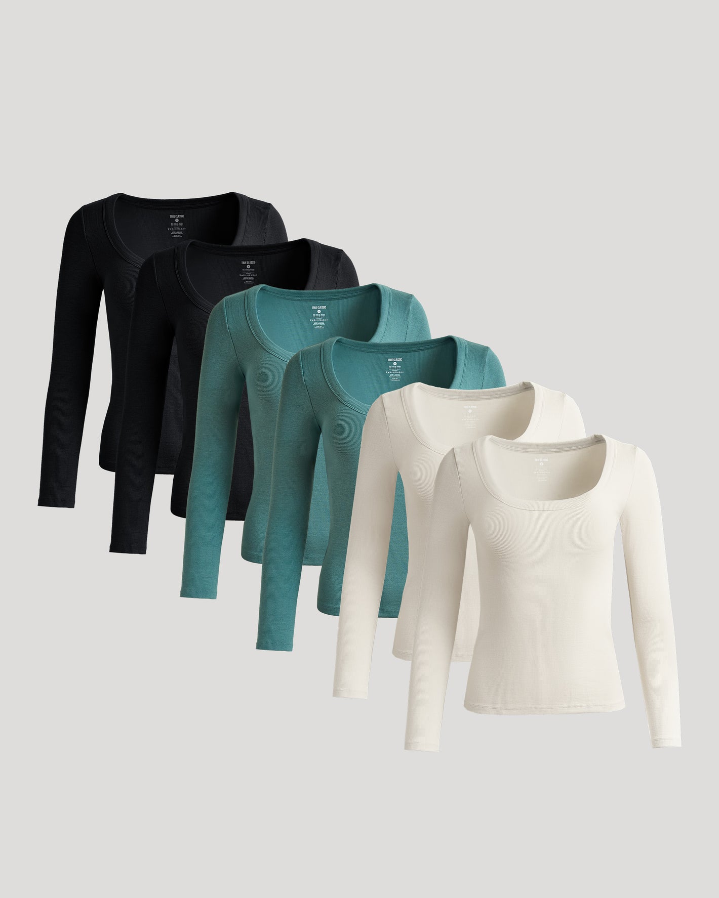 Womens Ribbed Long Sleeve Scoop Neck Tee 6-Pack displayed neatly.