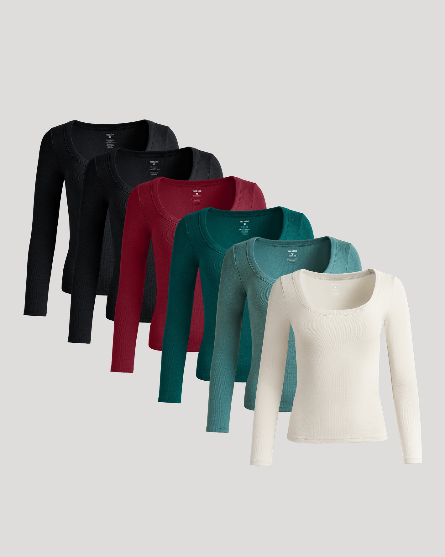 Womens Ribbed Long Sleeve Scoop Neck Tee 6-Pack, staggered display.