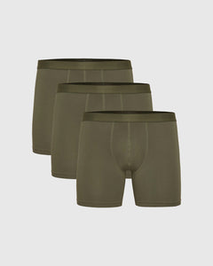 True ClassicMilitary Green Boxer Briefs 3 Pack, staggered display, showcasing elastic waistbands.