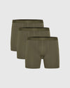 Military Green Boxer Briefs 3 Pack, staggered display, showcasing elastic waistbands.