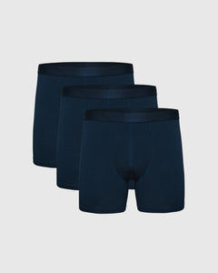 True ClassicNavy Boxer Briefs 3-Pack arranged on light-gray background.