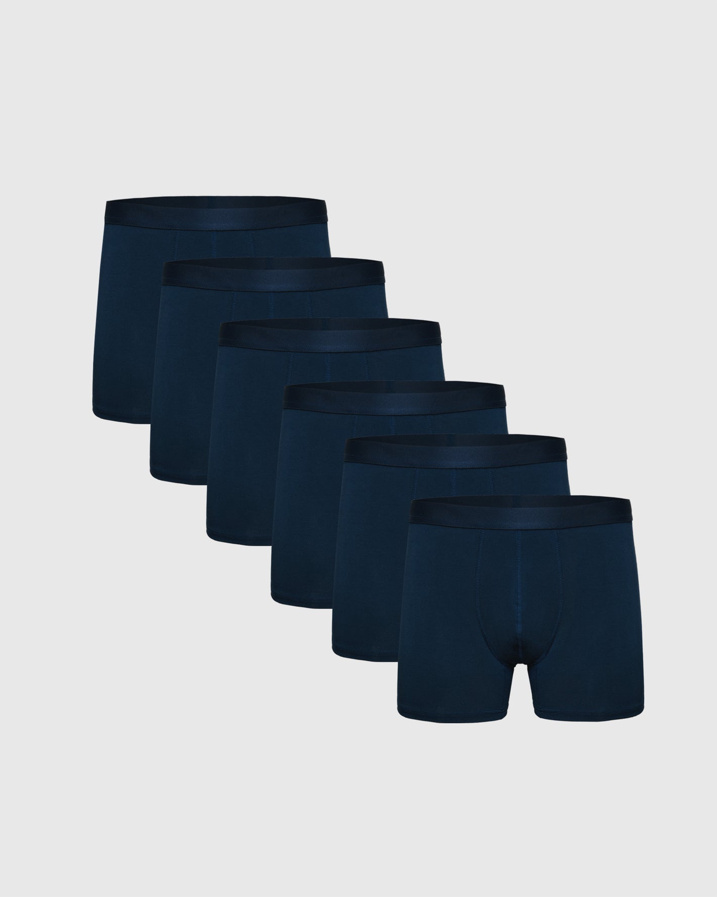 Navy Boxer Trunks 6-Pack, staggered display, featuring soft, flyless design.