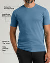 A man wearing a light blue crew-neck t-shirt, shown from the neck down, with text callouts highlighting features like 'Naturally More Durable', 'Hugs Arms & Shoulders', 'Roomy In The Torso', and 'Silky Smooth Feel'.
