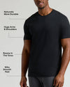 Man wearing a black Tall Pima Cotton Blend Crew 4-Pack t-shirt showcasing a durable, smooth, and roomy fit that hugs the arms and shoulders comfortably.
