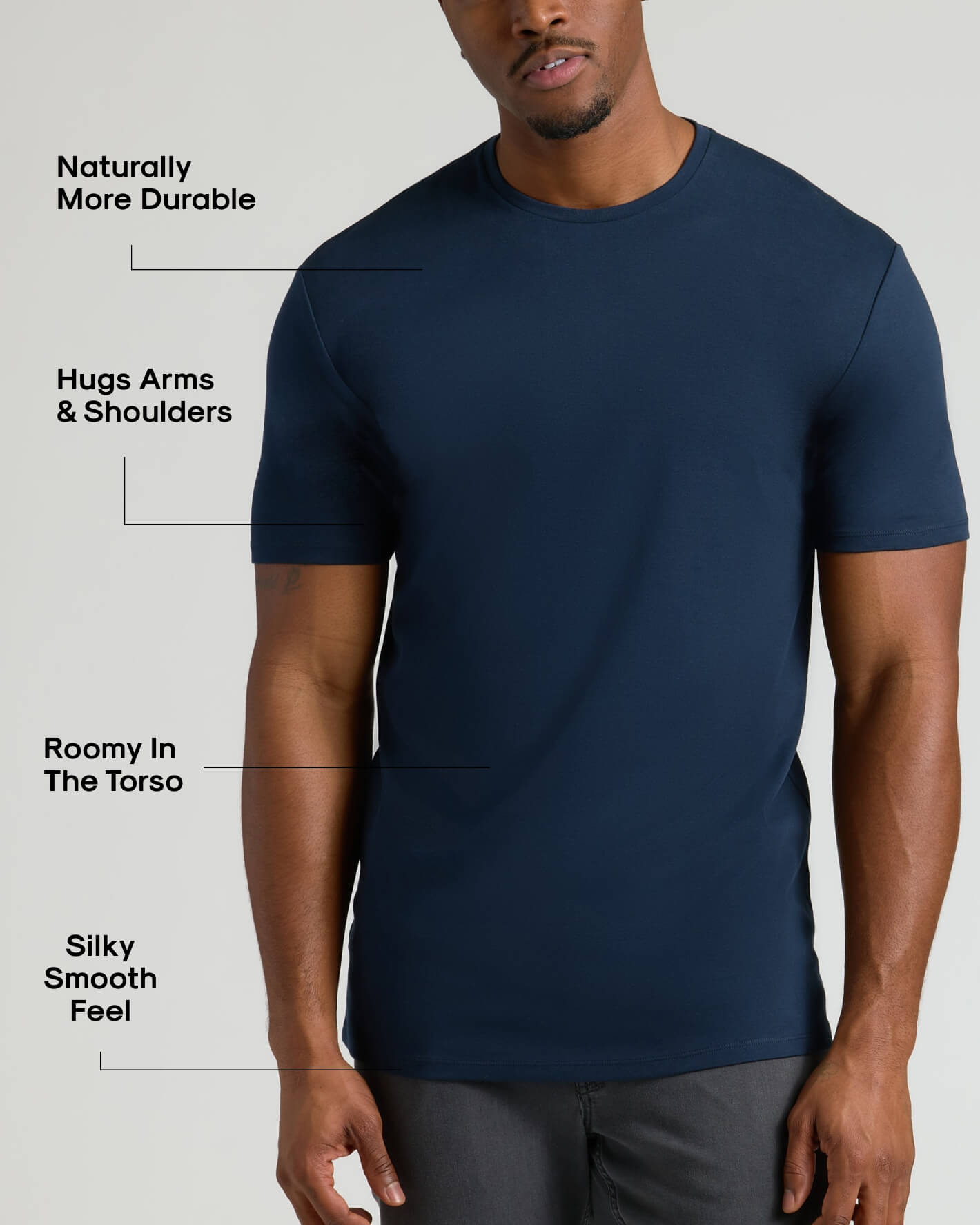Man wearing a navy blue Tall Pima Cotton Blend Crew 4-Pack T-shirt highlighting its natural durability, fitted sleeves, roomy torso, and silky smooth texture in a men's basics style.