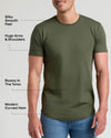 Man wearing an olive green Tall Pima Cotton Blend Curved Hem Crew 4-Pack t-shirt with a modern curved hem, fitted sleeves hugging arms and shoulders, and a roomy torso for comfortable men's basics.
