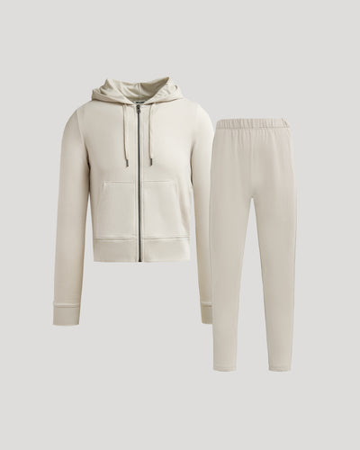 Crop Zip Hoodie & Relaxed Jogger Set - Oatmeal